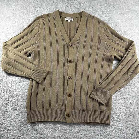 Wallace & Barnes Cardigan Sweater Mens Medium Tan Brown Ribbed Knit Linen Blend - Picture 1 of 9